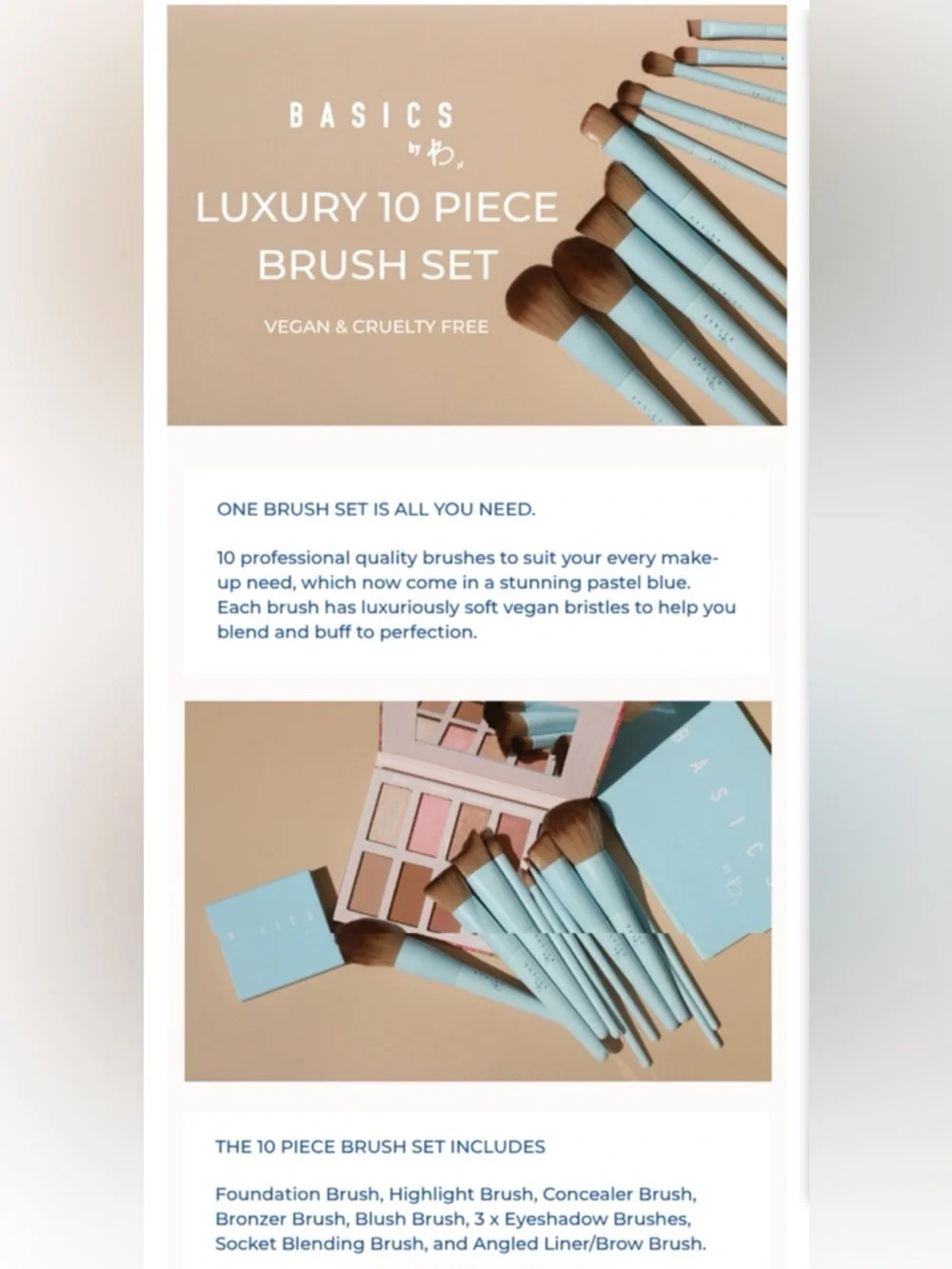 Basics by B - Luxury Vegan Makeup Brush Set Professional, Soft Bristles